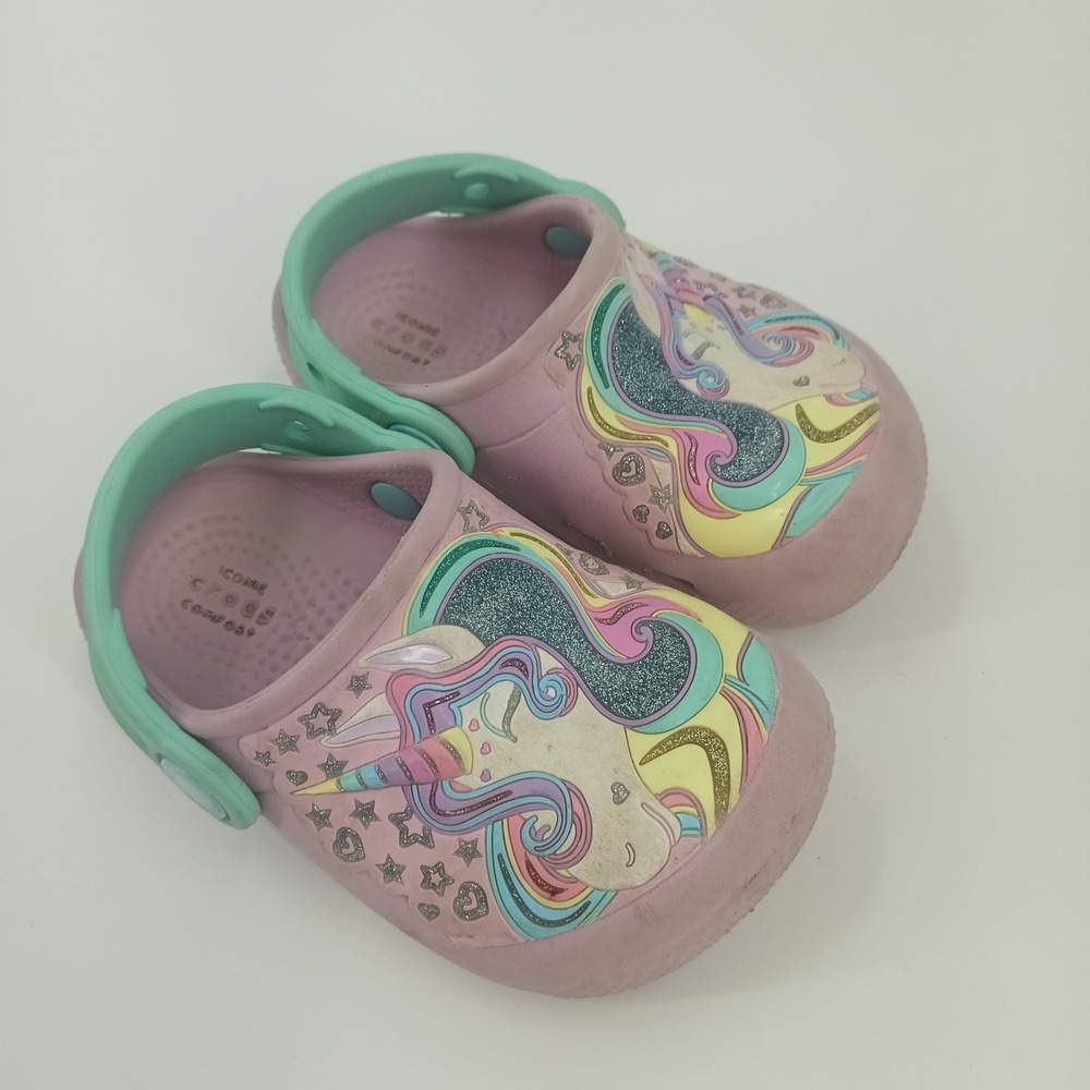 Crocs Fun Lab Unicorn Clogs Pink Mint Green Glitter Toddler Kids Size C 7